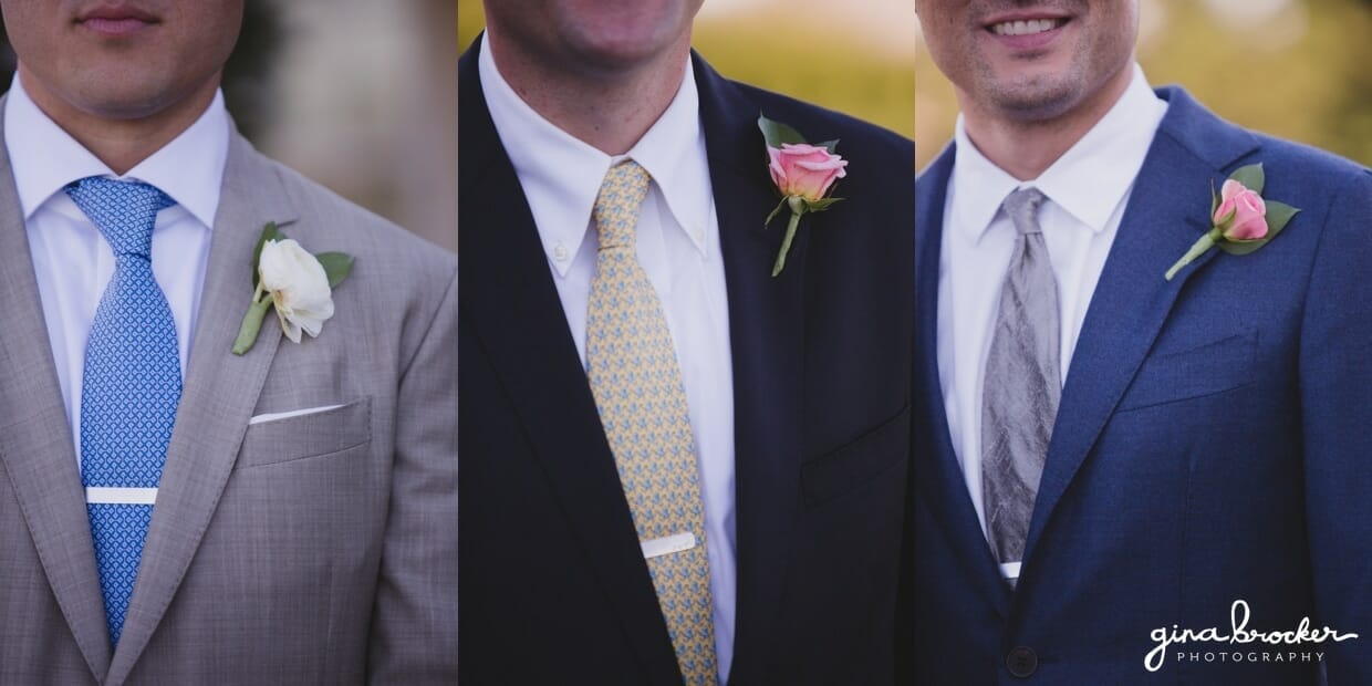 A detail photograph of the groomsmen wearing cream and pink boutonniere during a Nantucket Wedding at the Westmoor Club