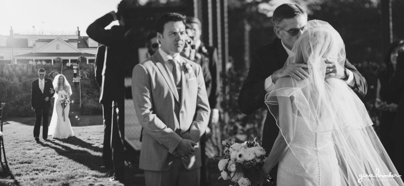 The bride walks up the aisle with her father during her wedding ceremony at Westmoor Club in Nantucket, Massachusetts