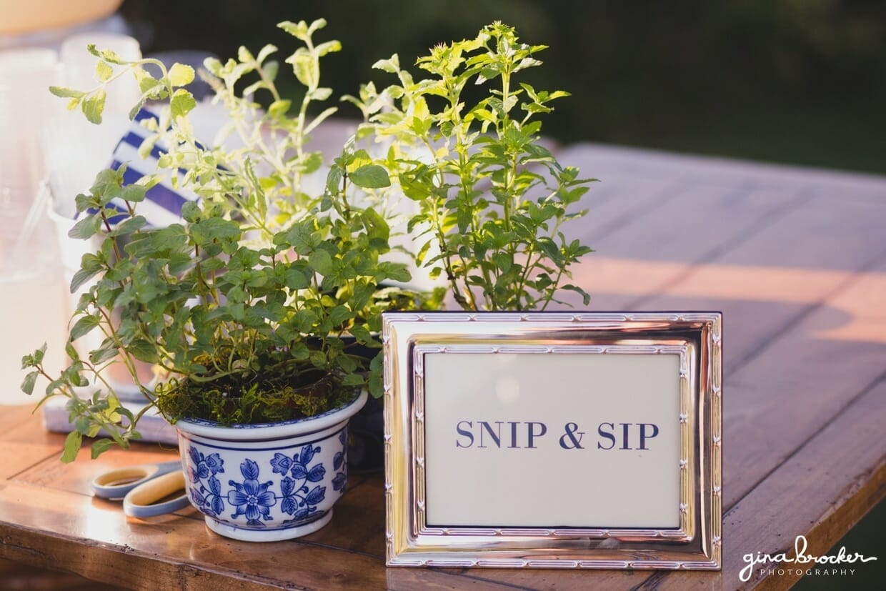 A detailed photograph of the nautical and garden inspired snip and sip wedding decor at the Westmoor Club wedding