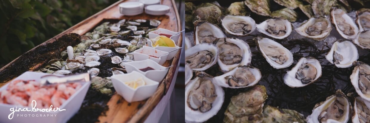 A detailed photograph showing the nautical inspired raw bar with cocktail shrimp and oysters at the Westmoor Club wedding in Nantucket, Massachusetts