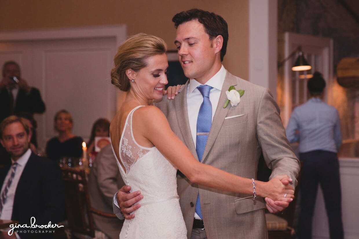 The bride and groom share a first dance during their Nantucket Wedding at the Westmoor Club