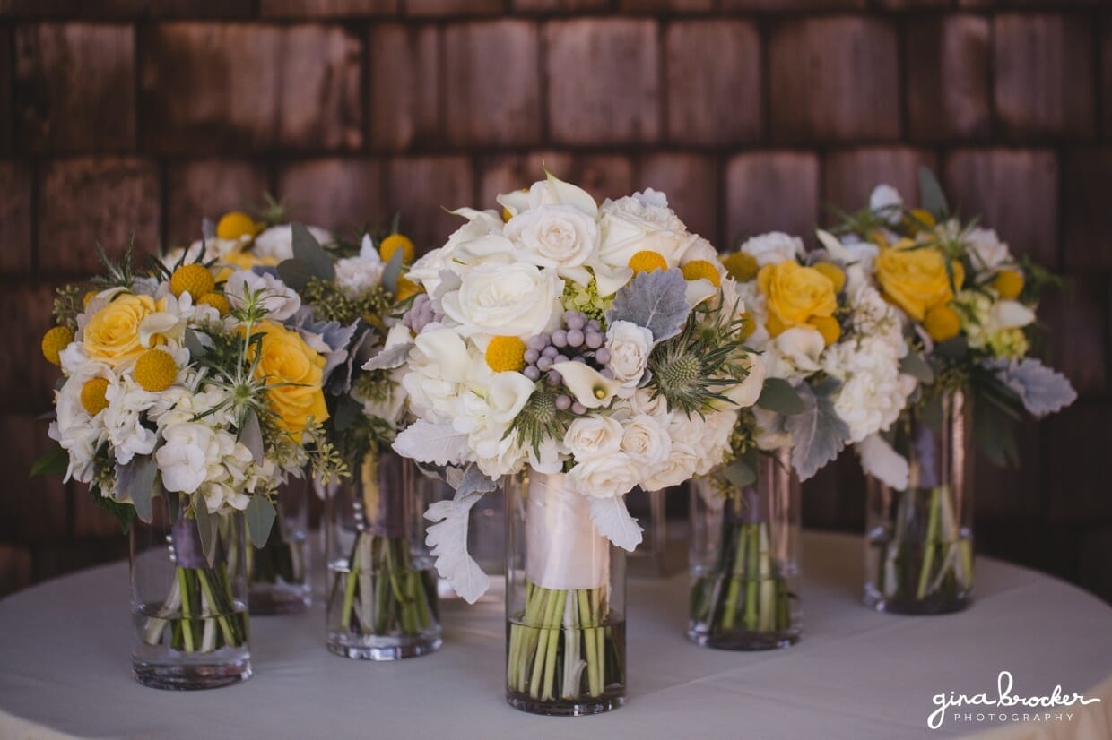 Beautiful gray and yellow wedding bouquets for a rustic farm wedding in Oxford, Massachusetts