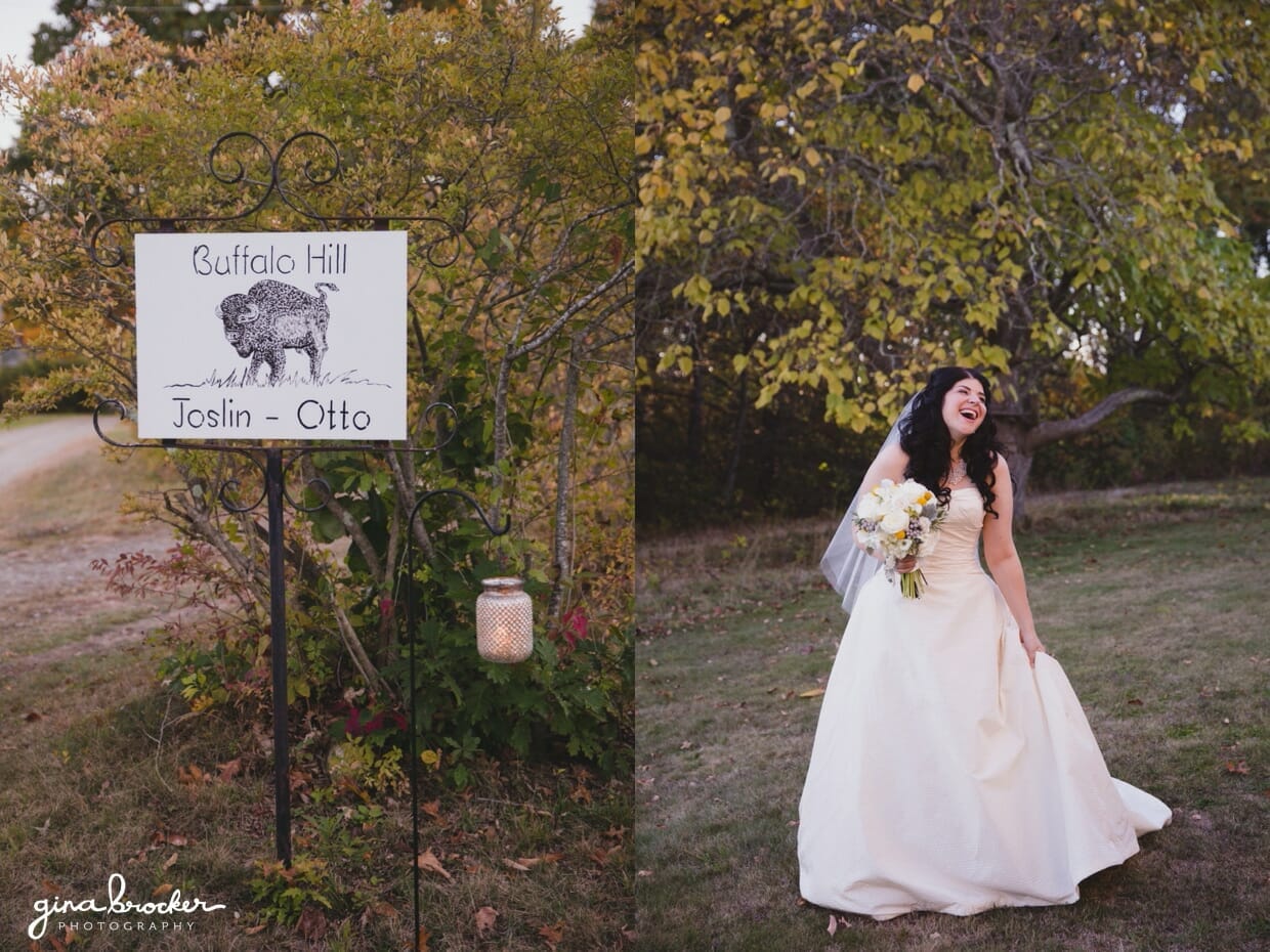 A cute portrait of a bride laughing during her backyard farm wedding in Massachusetts