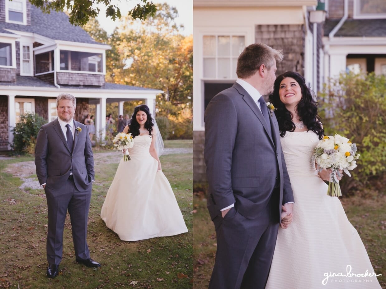 A sweet photograph of a bride walking over to the groom during the first look of the oxford farm wedding in Massachusetts