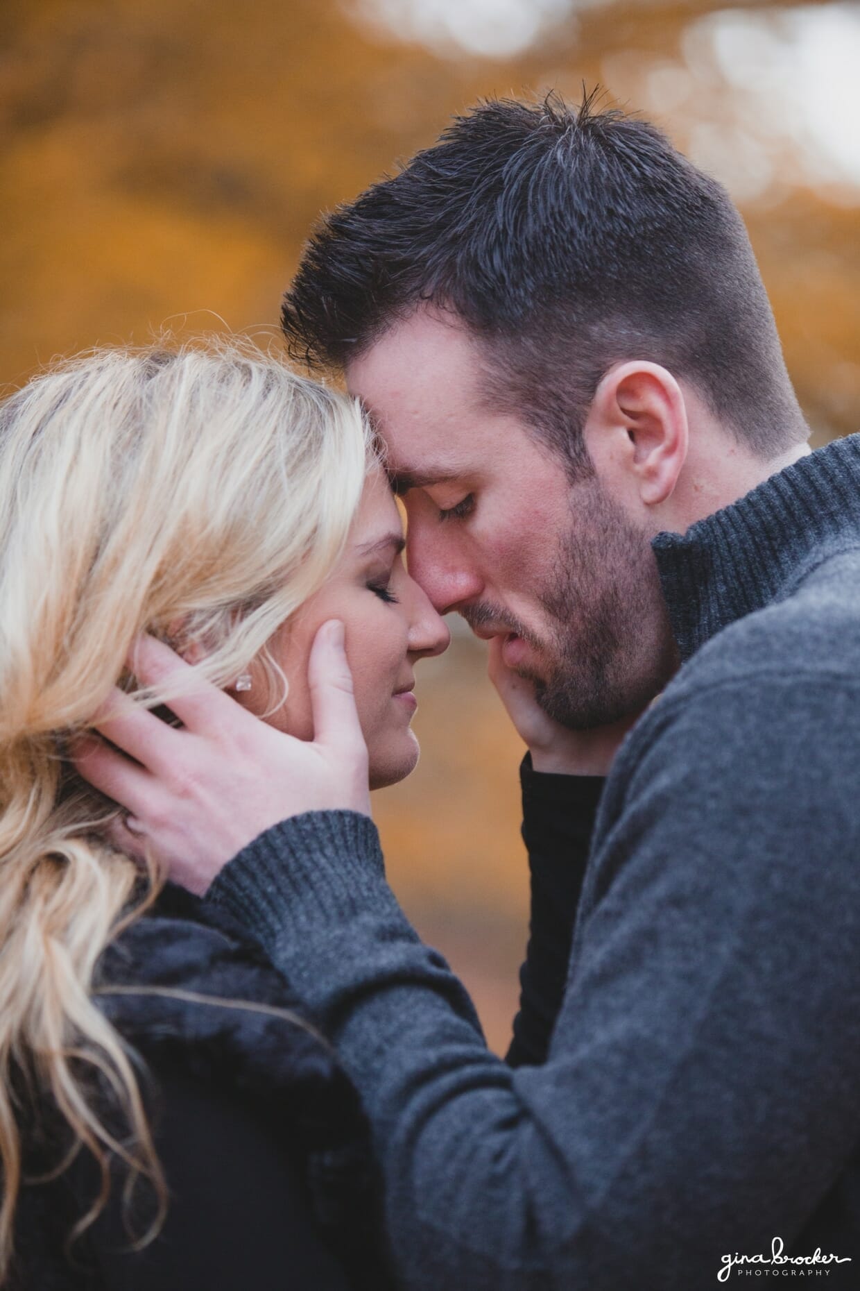 A sweet and romantic portrait of a couple before they kiss during their fall couple session in Boston's Arnold Arboretum