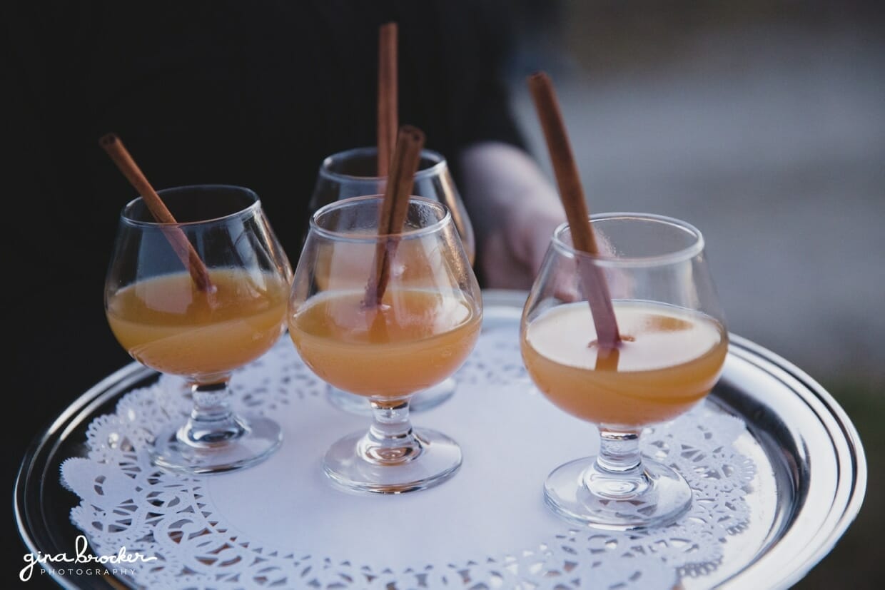 Hot apple cider served during a fall wedding on a farm in Oxford, Massachusetts