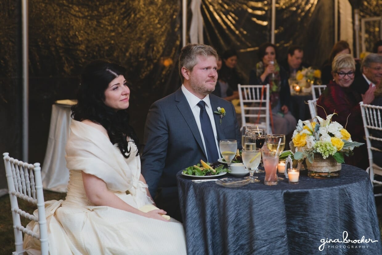 The bride and groom get emotional during the heartfelt wedding toast at their farm wedding in Oxford, Massachusetts