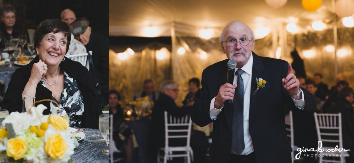 A fun and heartfelt wedding toast in given by the father of the bride during an Oxford farm wedding in Massachusetts