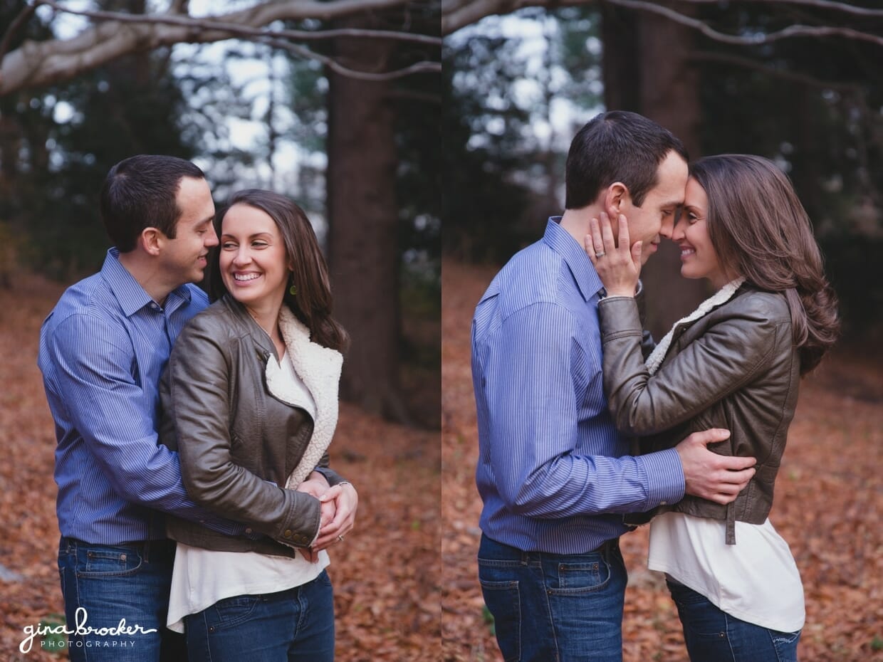 A sweet photograph of a couple cuddling during their fall family photo session at the Arnold Arboretum in Boston, Massachusetts