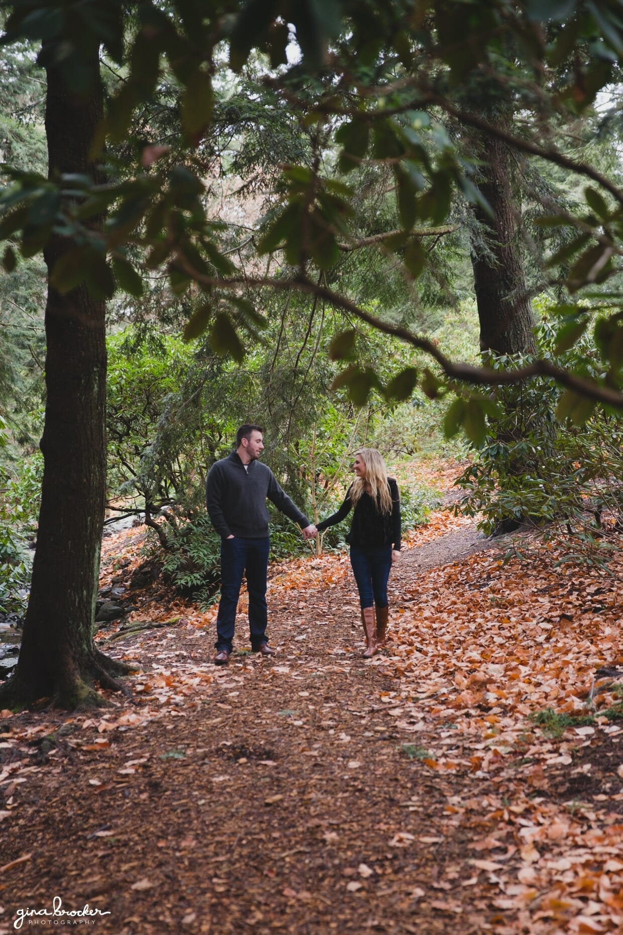 A beautiful photograph of a couple walking together in the woods during their fall couple session at the Arnold Arboretum in Boston, Massachusetts