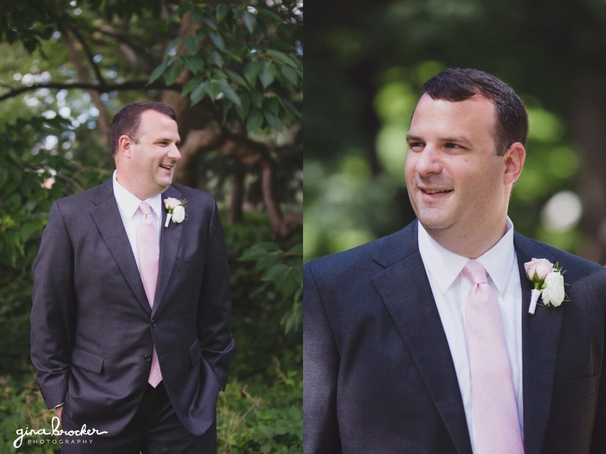 Portraits of a groom wearing a gray suit and pink tie during his classic and elegant wedding in Boston, Massachusetts