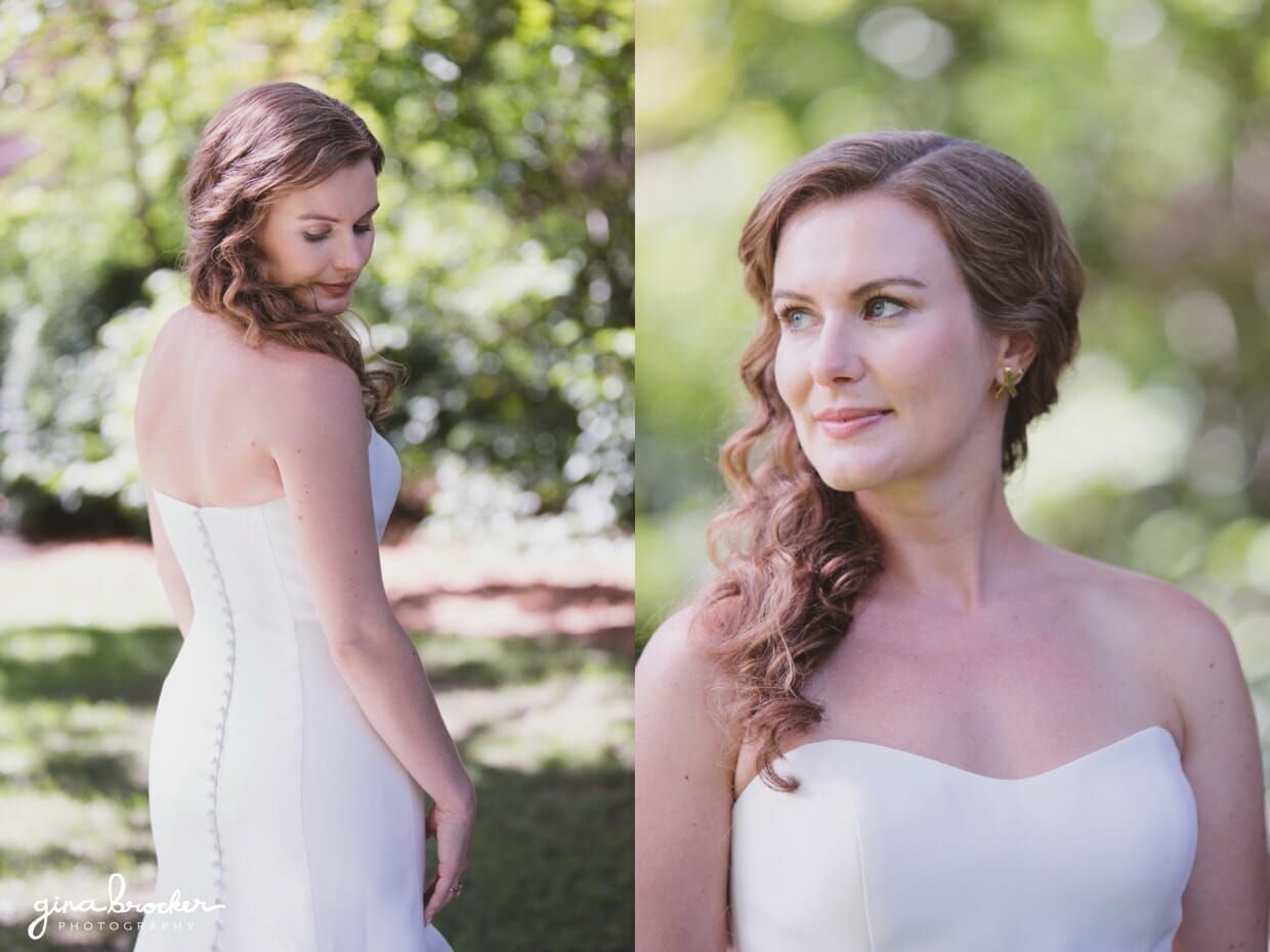 Romantic photographs of a bride wearing a vintage inspired hair style and simple sweetheart wedding dress during her classic and elegant wedding in Boston, Massachusetts