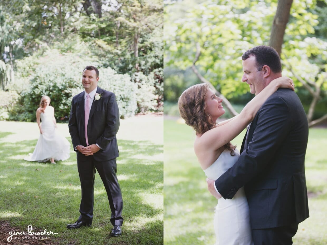 A Bride walks over to her Groom during the first look at their classic and elegant wedding in Boston, Massachusetts