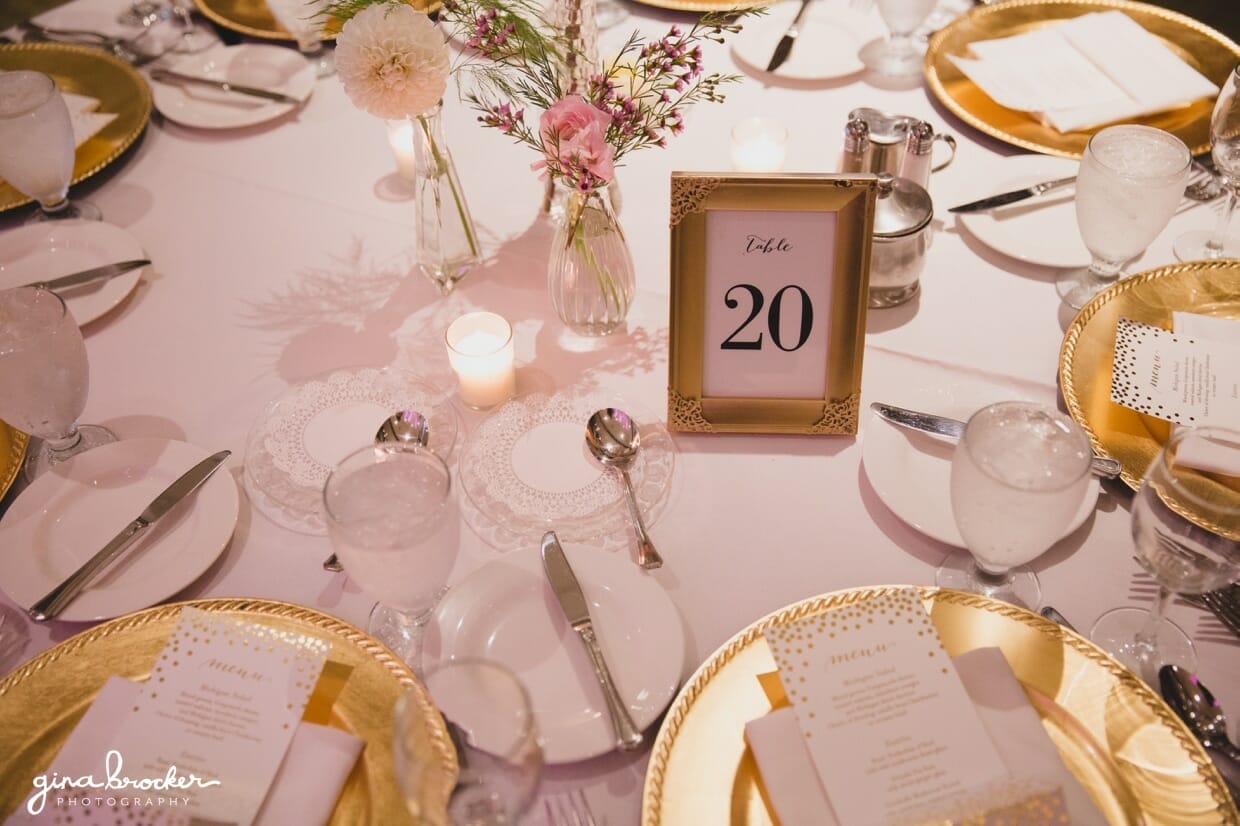 Pink and gold table setting for a classic and elegant wedding in Boston, Massachusetts