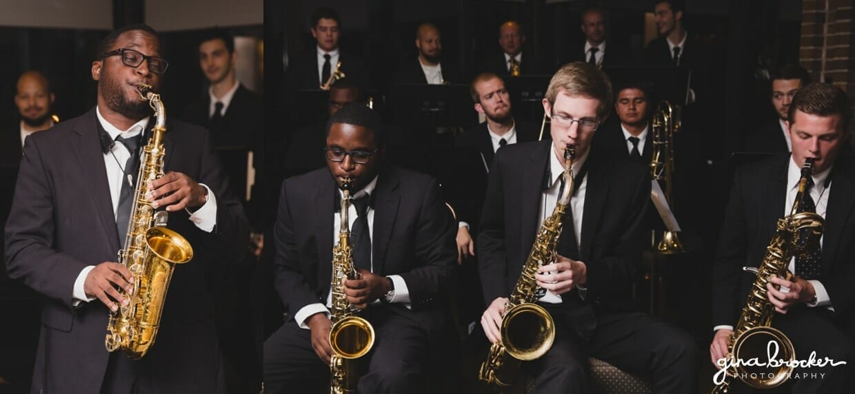 A photograph of a Jazz band playing at the reception of a classic and elegant wedding in Boston, Massachusetts