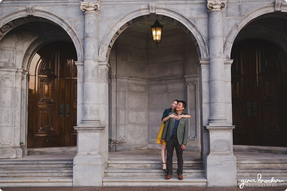 A sweet portrait of a couple during their engagement session at the Christian Science Center in Boston, Massachusetts