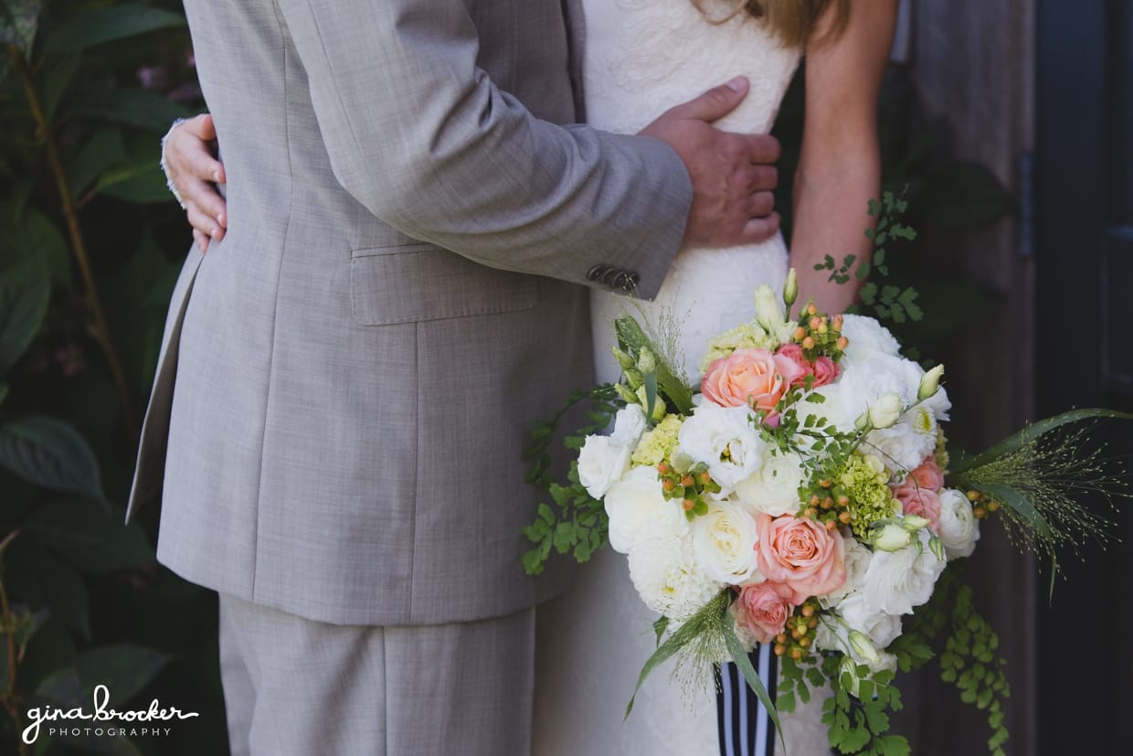 a detail photograph of a beautiful nautical inspired wedding bouquet from a nantucket wedding