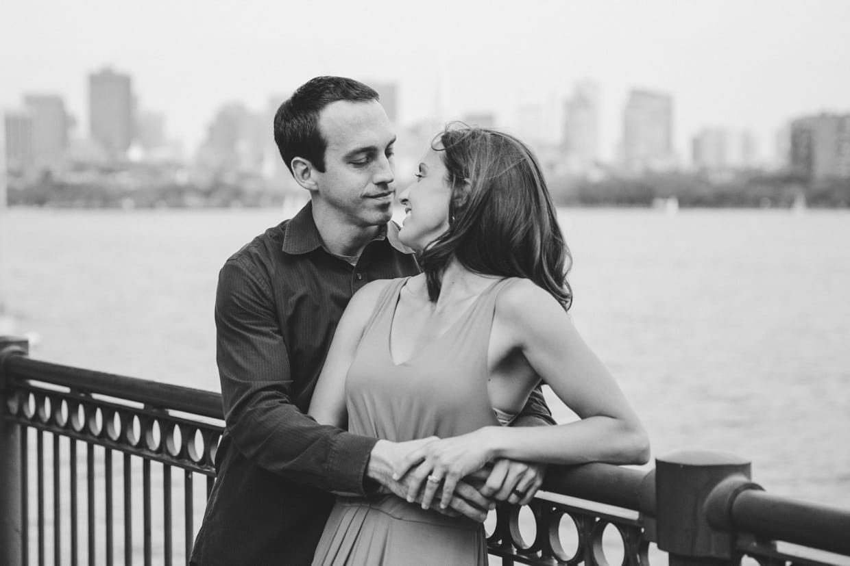 A sweet and romantic portrait of a couple on the Charles River during their couple session in Boston.