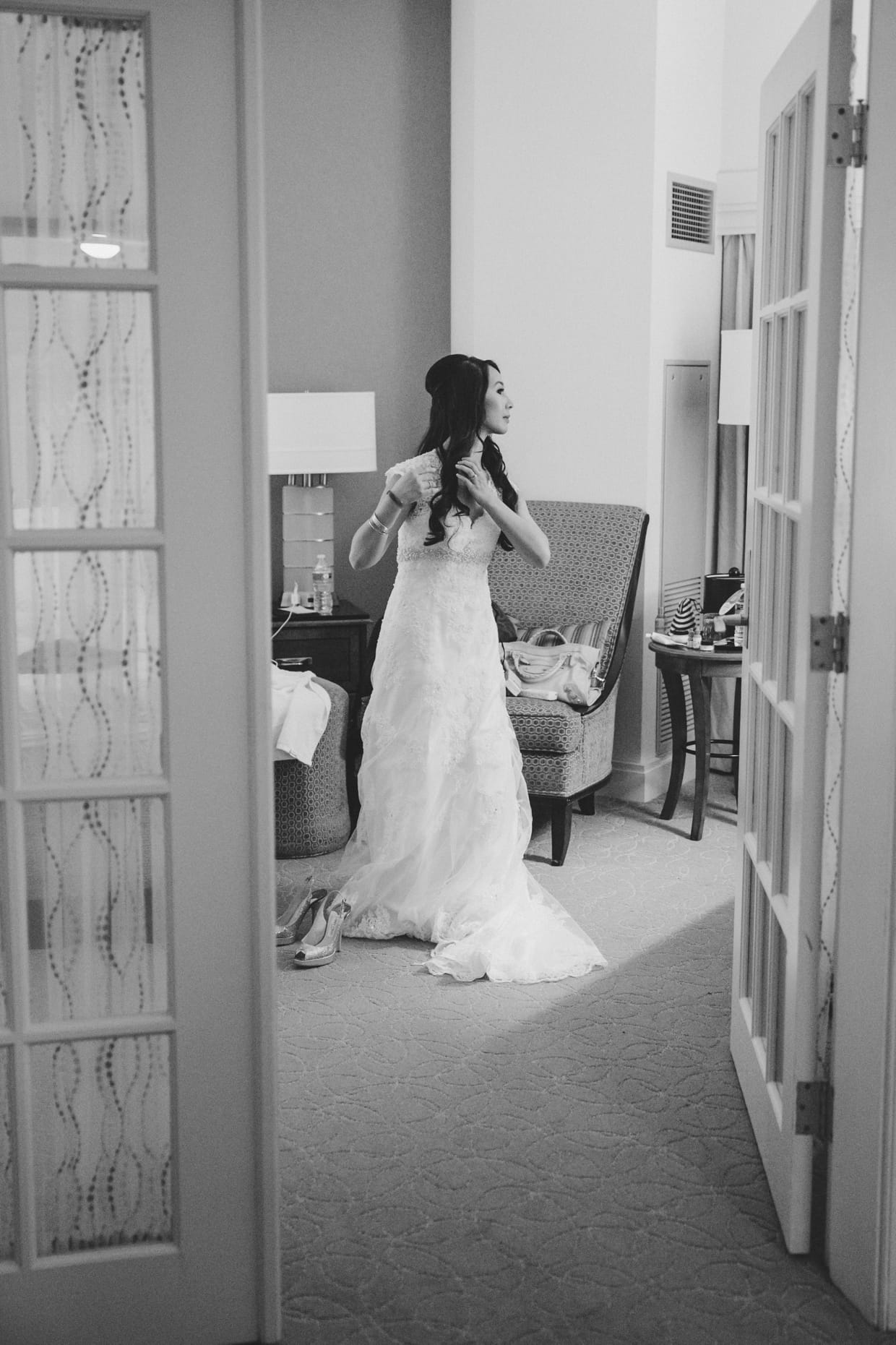 A documentary style photograph of a bride getting ready at the Boston Marriott Hotel