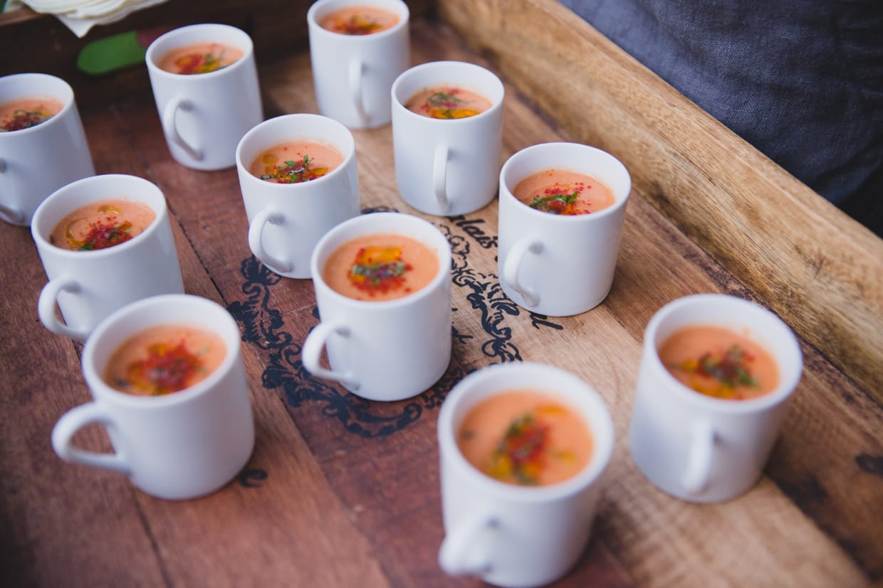 A detailed photograph of the cocktail hour food served by Saltbox Farms during a Massachusetts backyard wedding