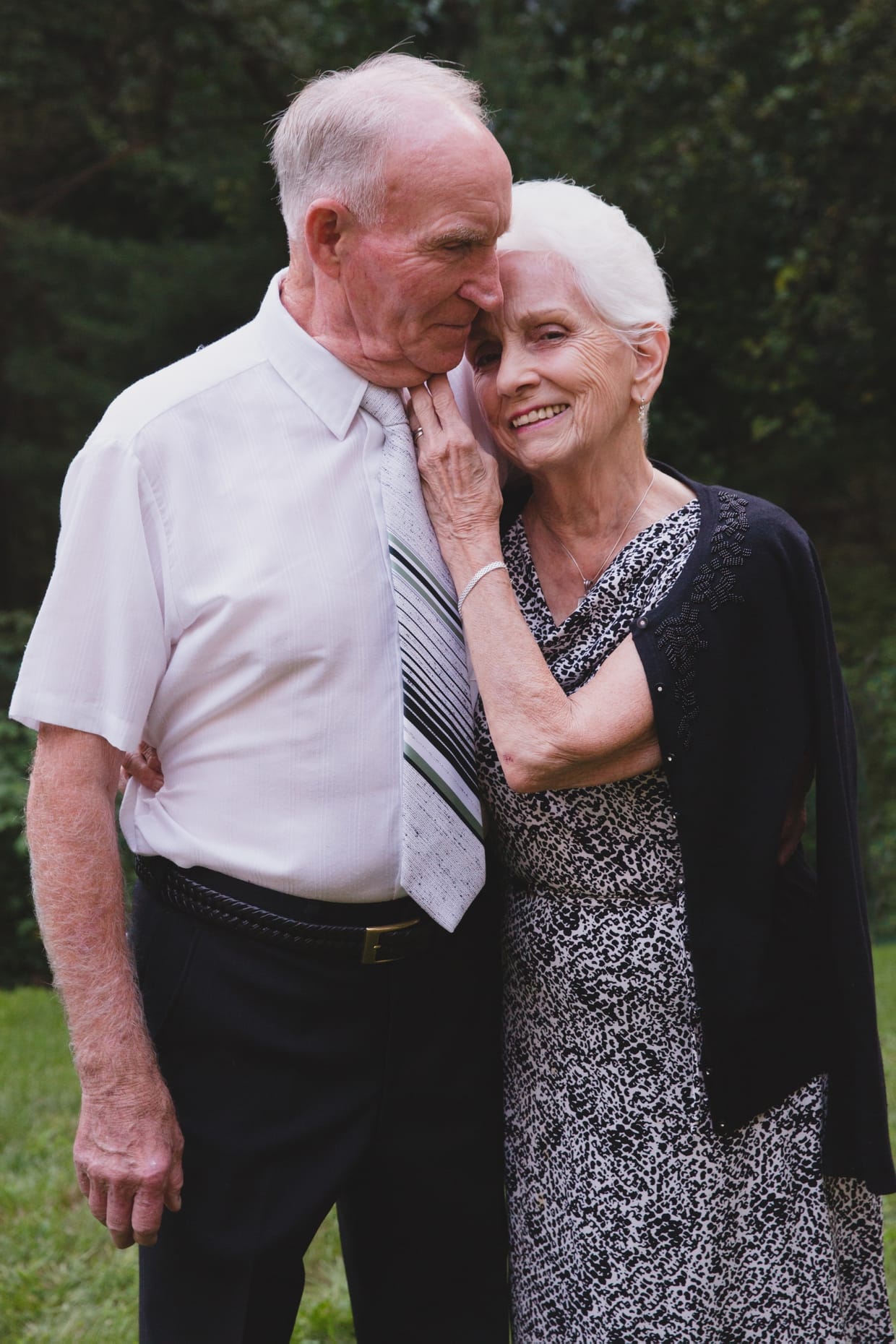 A sweet portrait of the brides grandparents during a backyard wedding in Massachusetts