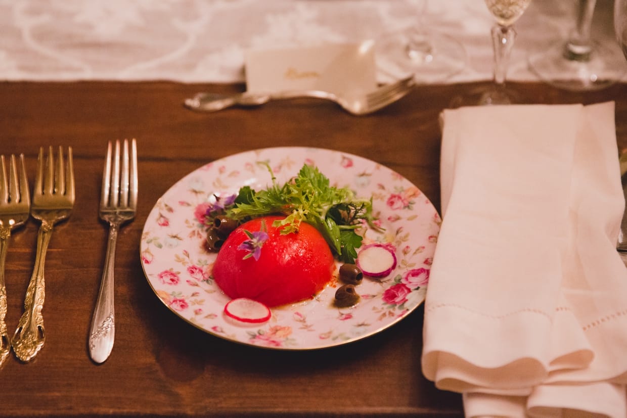 A detailed photograph of the beautiful appetizer created by Saltbox Farms at a backyard wedding in Massachusetts