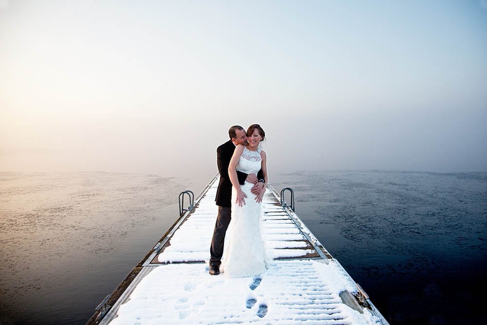 Relaxed portrait of a bride and groom during their winter wedding in Boston, Massachusetts