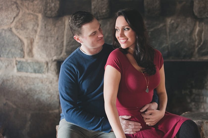 A beautiful couples portrait in a cabin at Borderland State Park during a Massachusetts engagement session