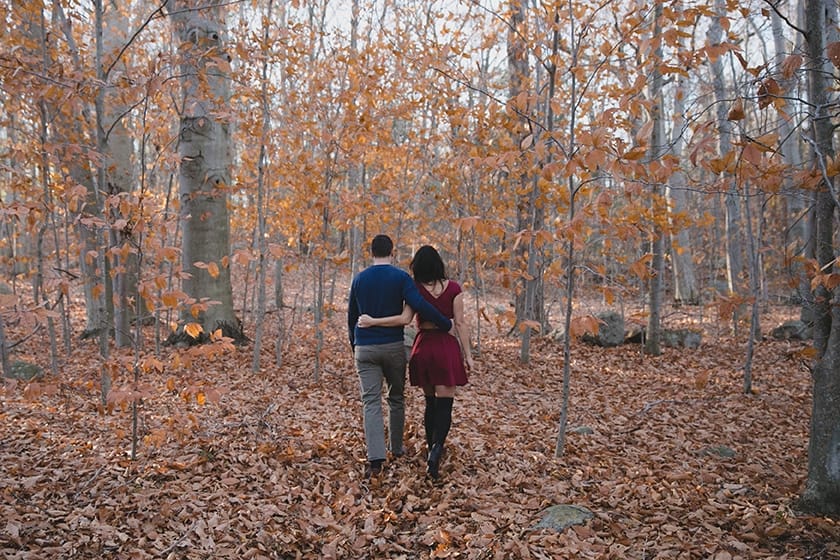 A beautiful portrait of a couple walking through the woods during their fall engagement session at Borderland State Park