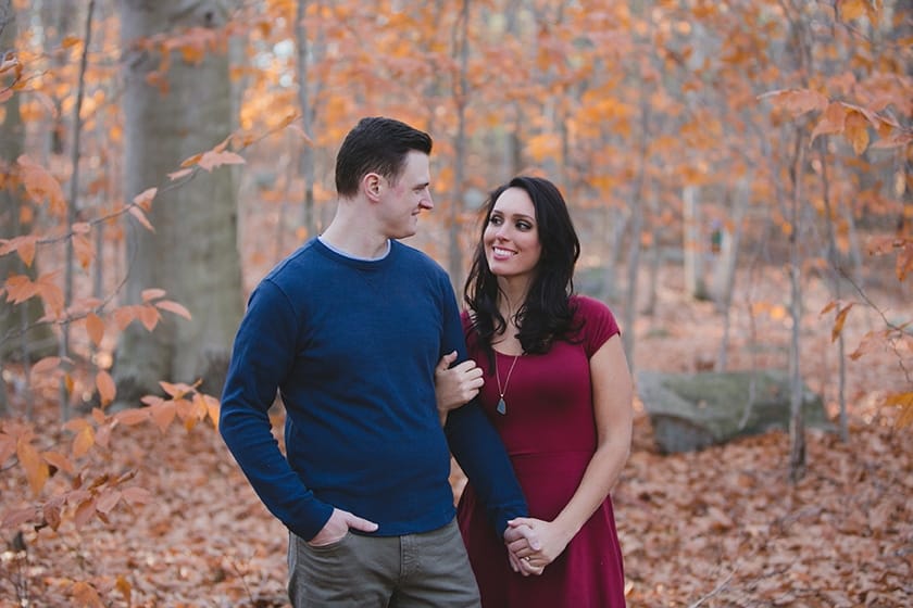 A sweet portrait of a couple amongst the fall foliage during their Borderland State Park Engagement Session