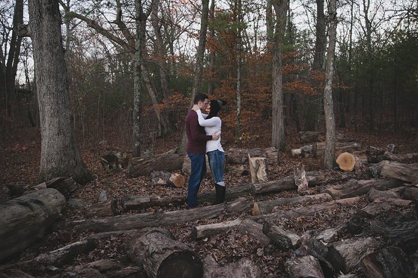 A couple kiss during their engagement session at Borderland State Park