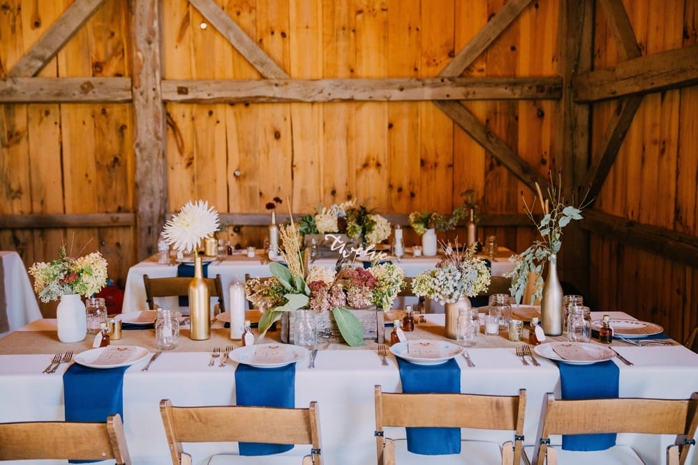 An artistic photograph of rustic DIY wedding decor at Kitz Farm in New Hampshire