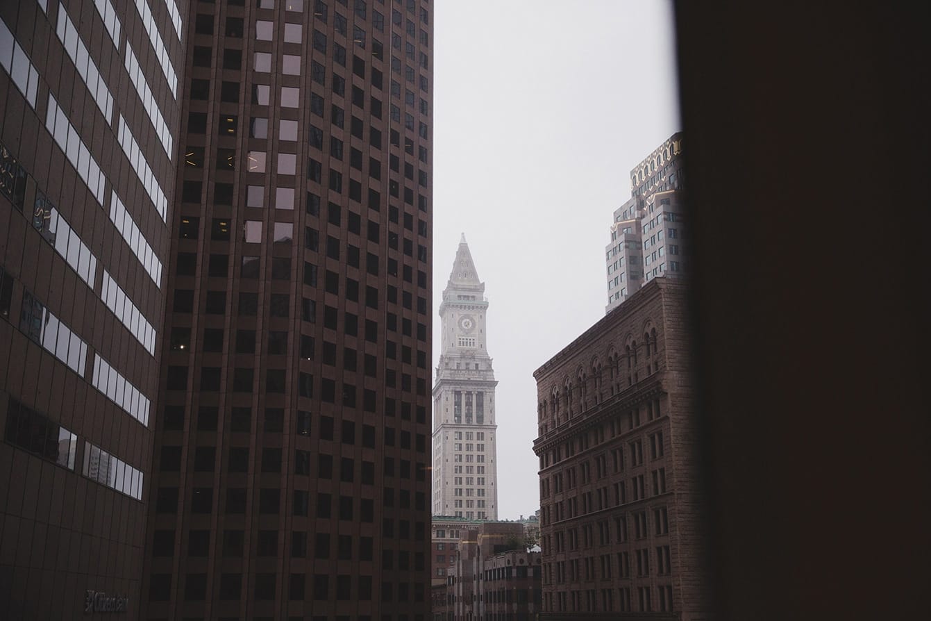A documentary photograph of the Boston view from the Ames Hotel before an Old South Meeting House and Marliave Wedding in Boston, Massachusetts