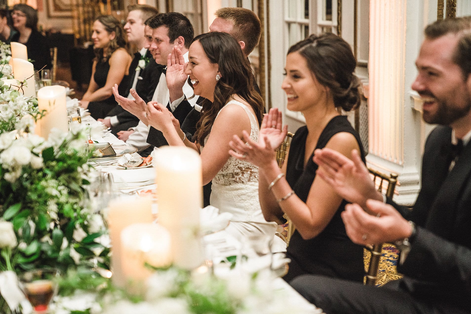 A documentary photograph of the funny and warm toasts at a fairmont copley wedding