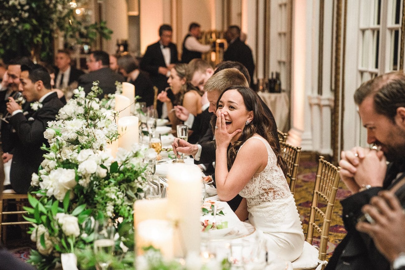 A documentary photograph of the funny and warm toasts at a fairmont copley wedding