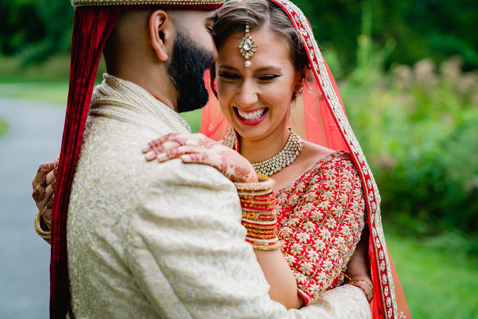 A best of Boston wedding photograph of a couple's first look during an Indian American wedding in Providence, RI