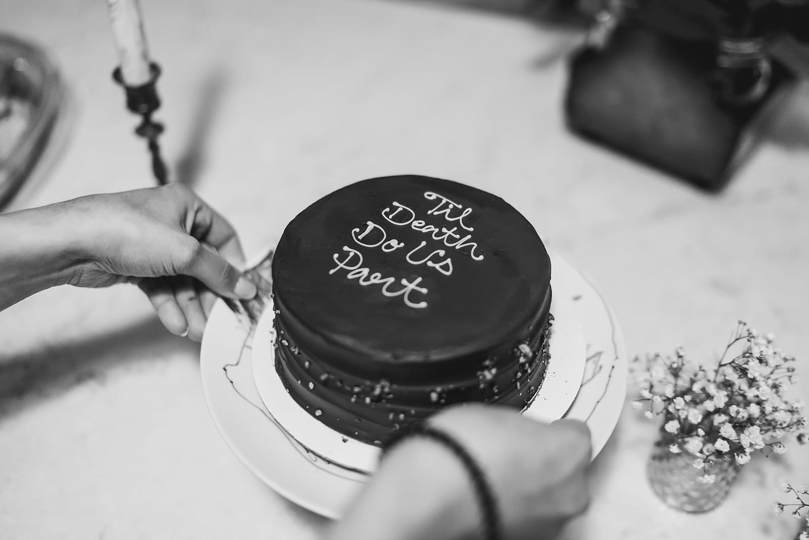 A documentary photograph of a bride putting out cake during their in home celebration after their intimate Worcester Art Museum Wedding ceremony